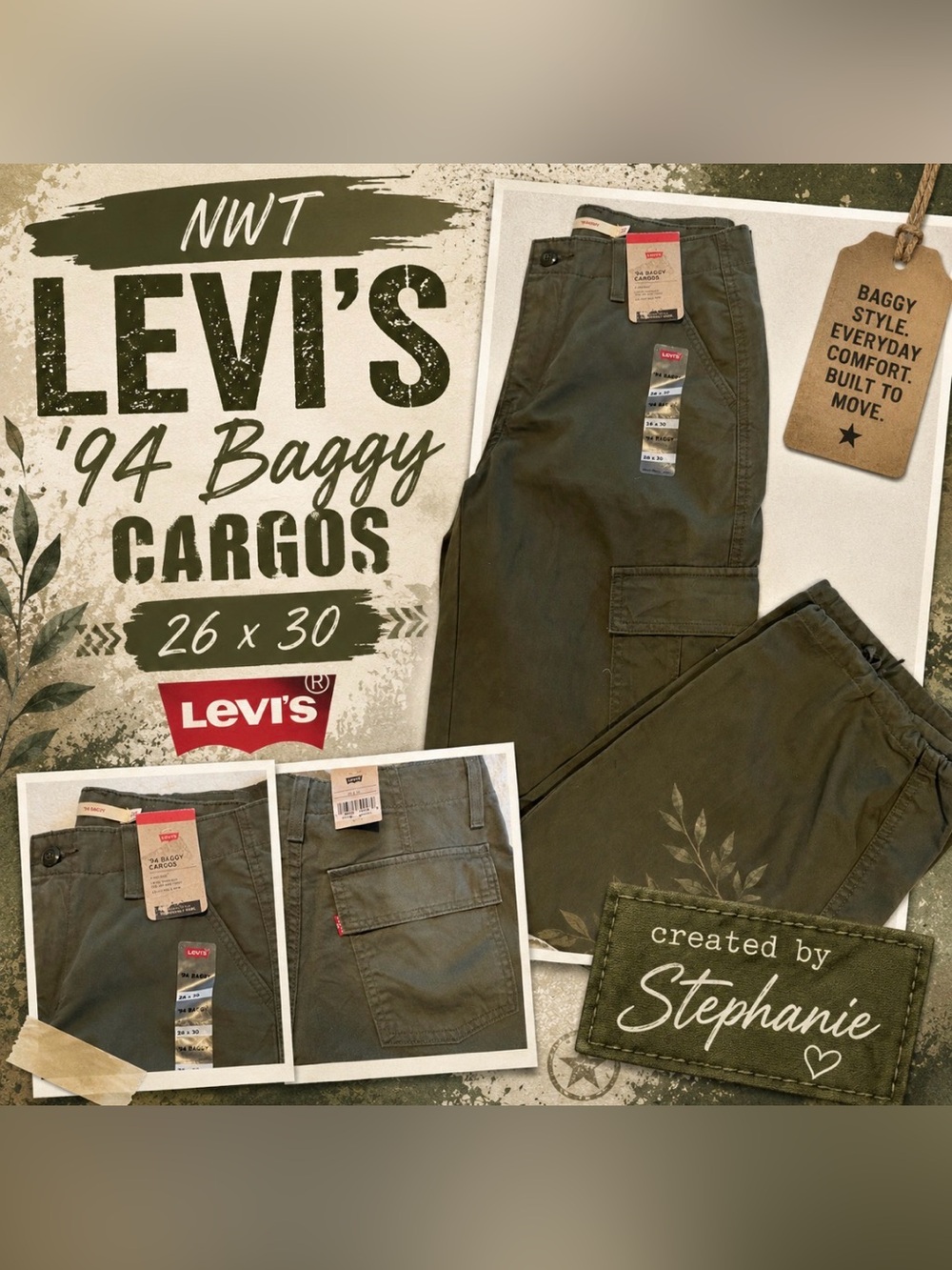NWT Levi's Woman’s ‘Baggy Cargo Pants in Olive green 26x30